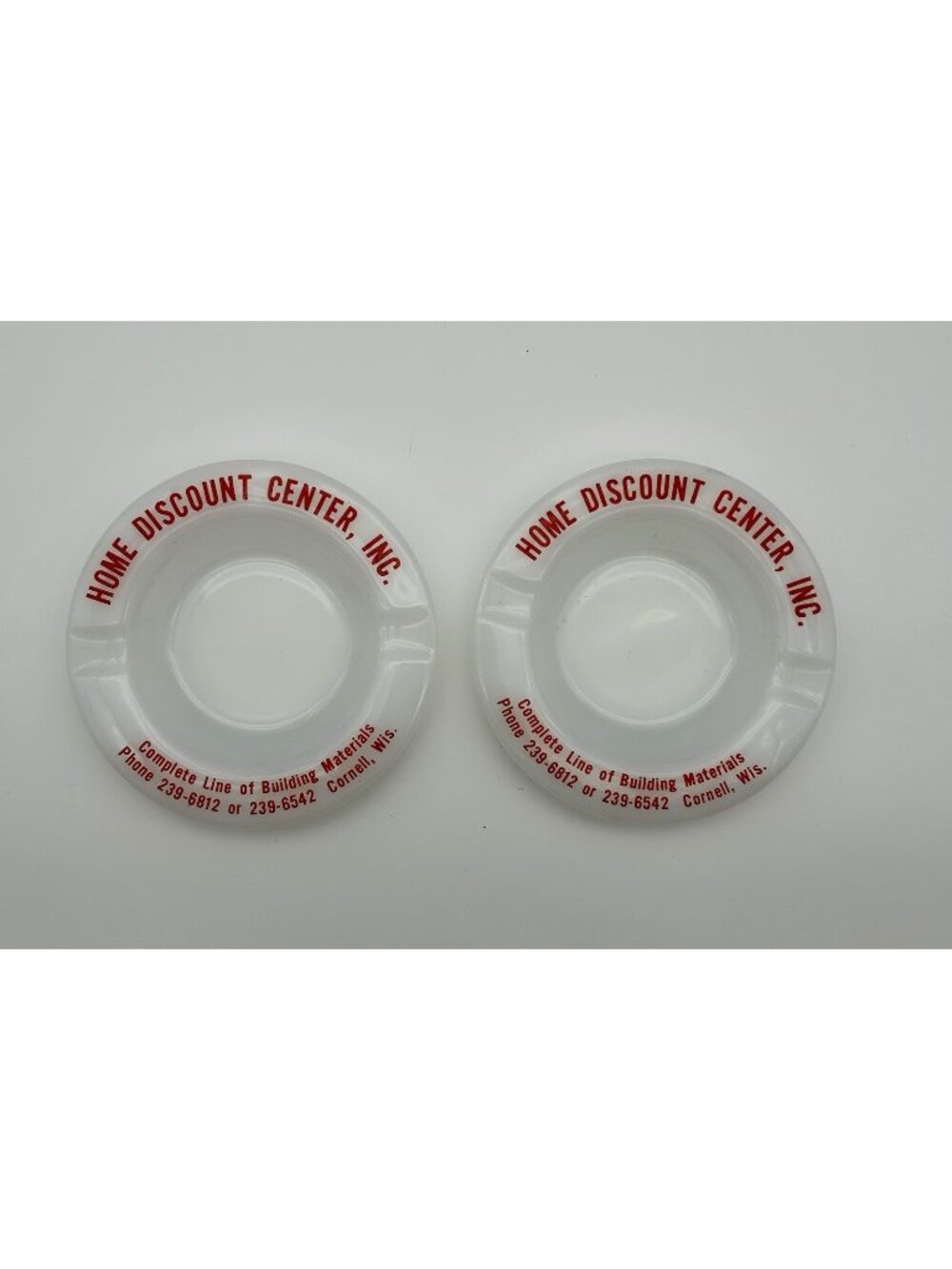 2 Vintage Home Discount Center Milk Glass Ashtrays- Cornell, Wisconsin- 5.25"